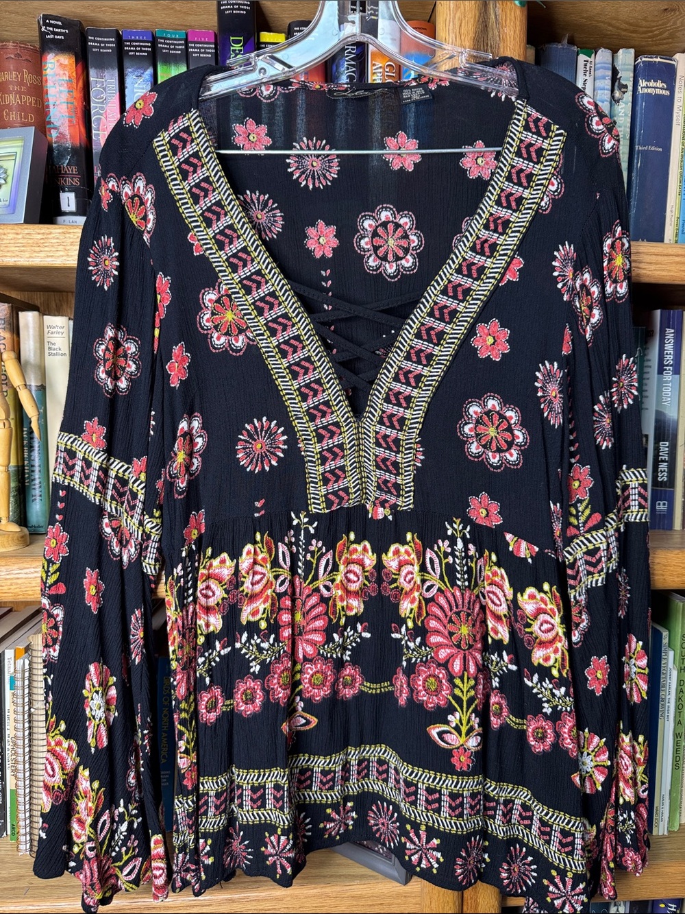 Lola P Boho Black Floral Embroidered Peasant Top with Bell Sleeves